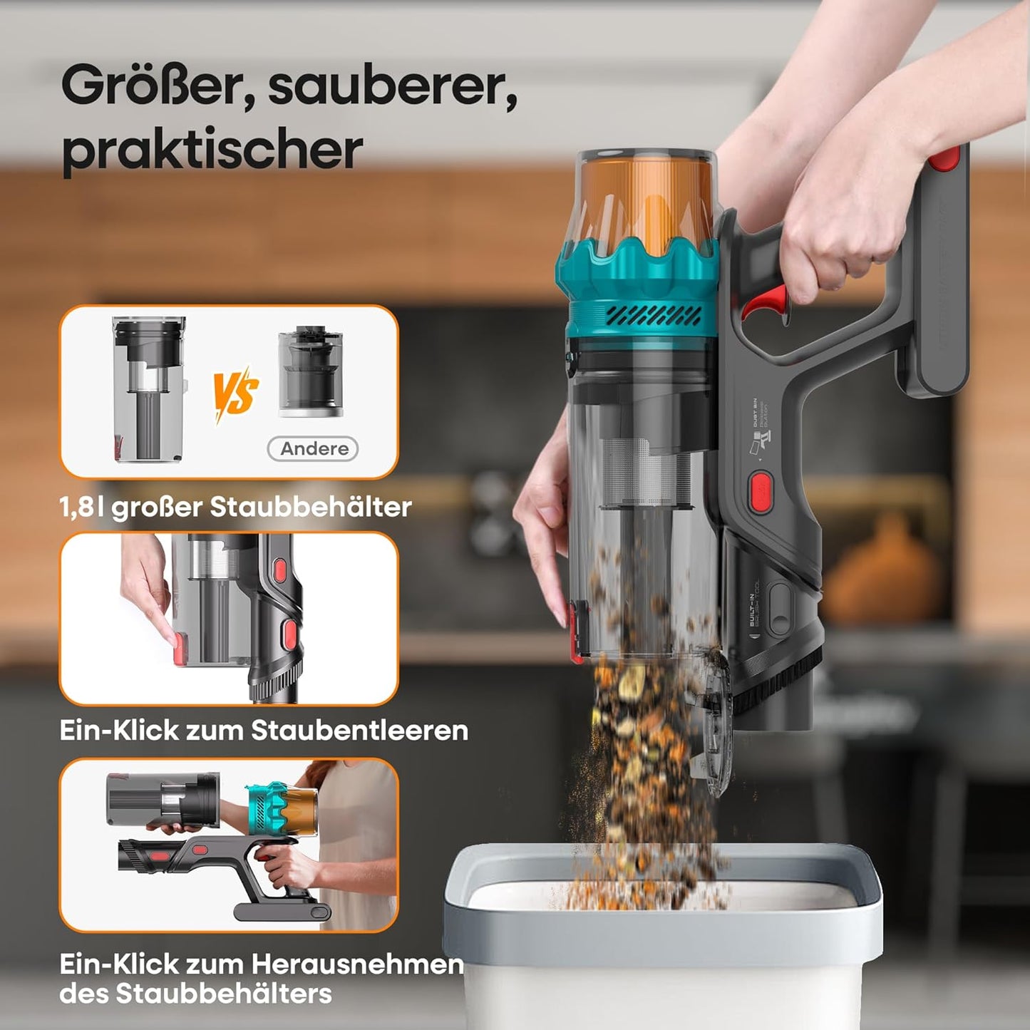 ElecKeys K10 Akku Staubsauger 48000Pa/580W/65 min, Superleise Staubsauger Kabellos mit LED Display, Akkustaubsauger mit Anti-Tangle-Bürste, Selbststehend für Tierhaare Teppiche Hartböden