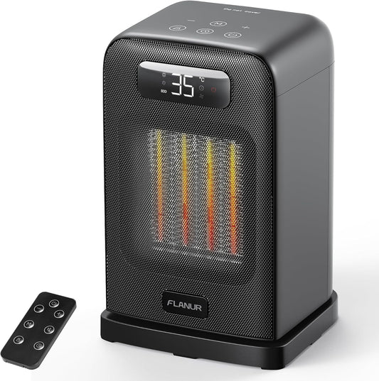 FLANUR Tragbarer Heizlüfter mit Thermostat, 1500W PTC-Keramik-Schnellheizung & ECO-Modus - 2-in-1-Heizlüfter, Digitalanzeige, 12-Stunden-Timer, unter 35dB leiser Heizlüfter-Schwarz, 1Pack+2Modes