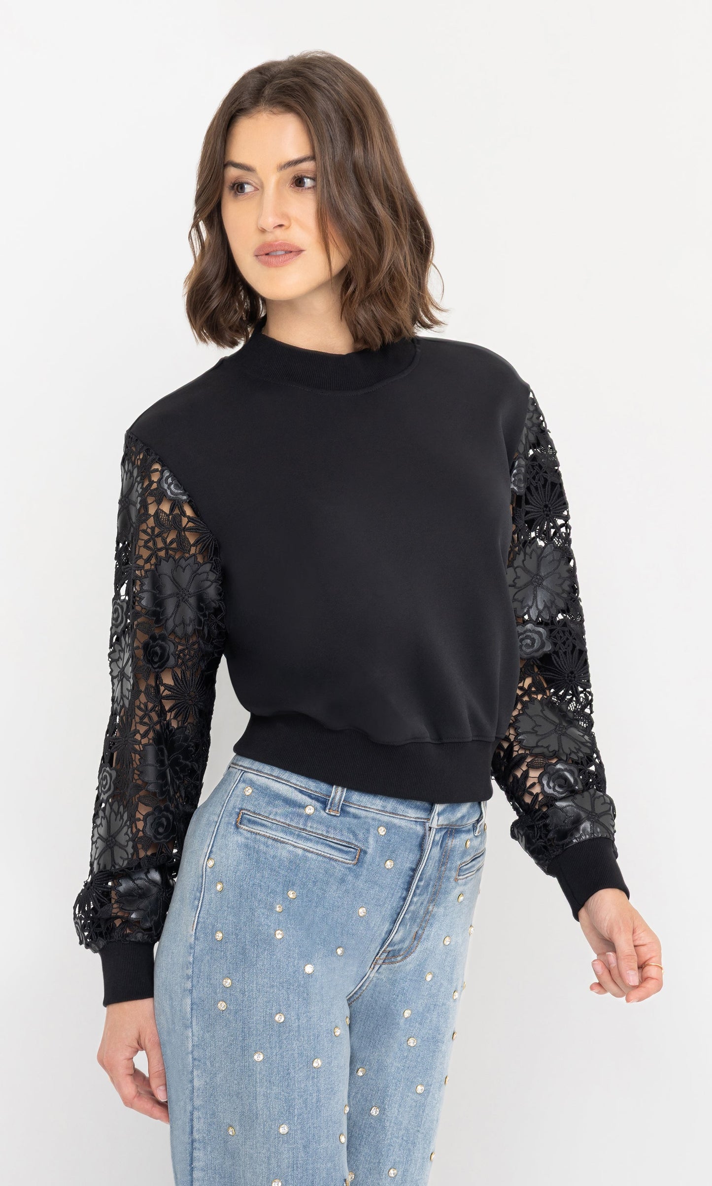Theron Guipure Combo Sleeve Sweatshirt