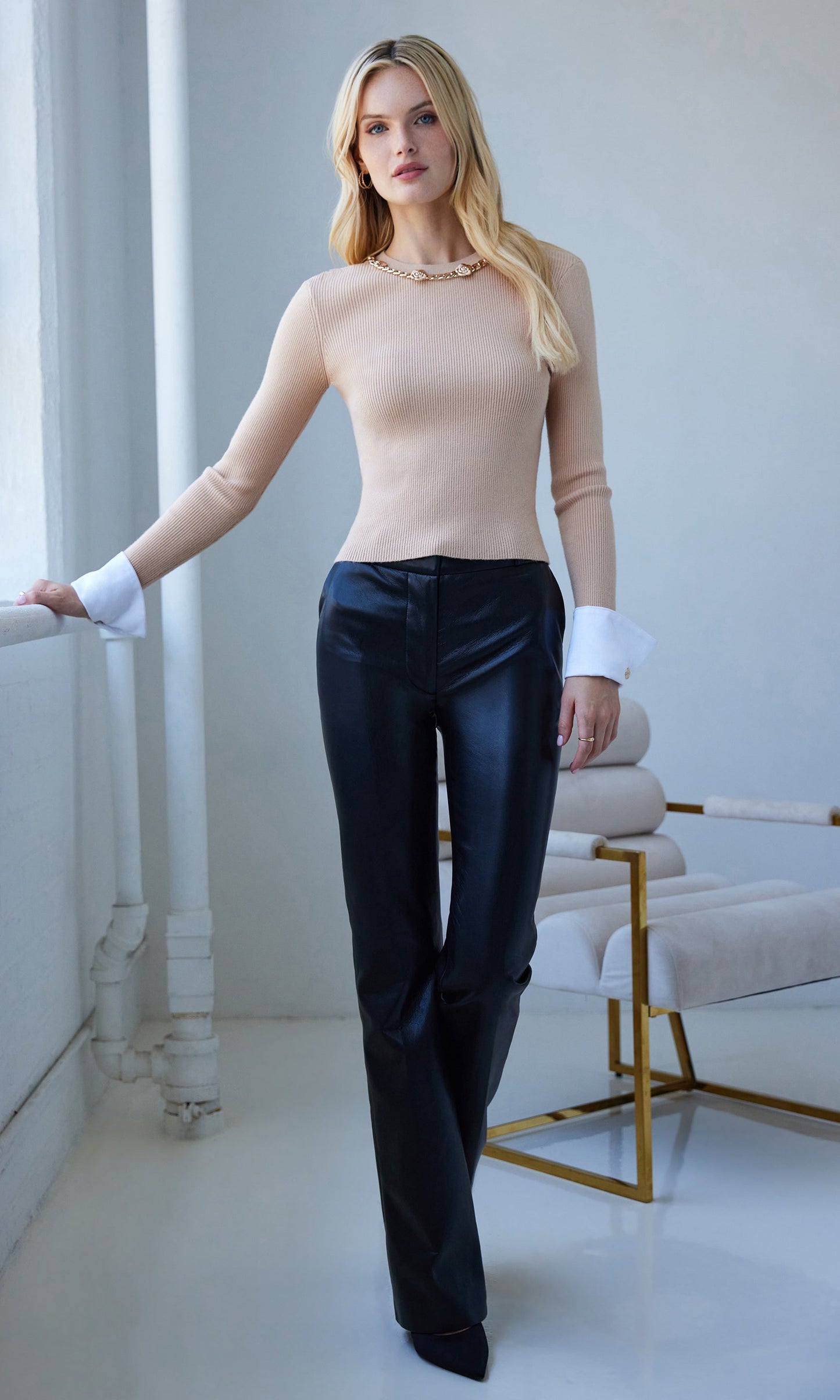 Leiber Rib Sweater With Poplin Cuff